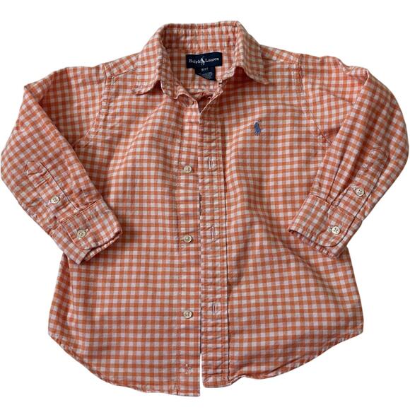 Ralph Lauren 3T Gingham Cotton Poplin Shirt Orange White Button Down Boys - Picture 1 of 8
